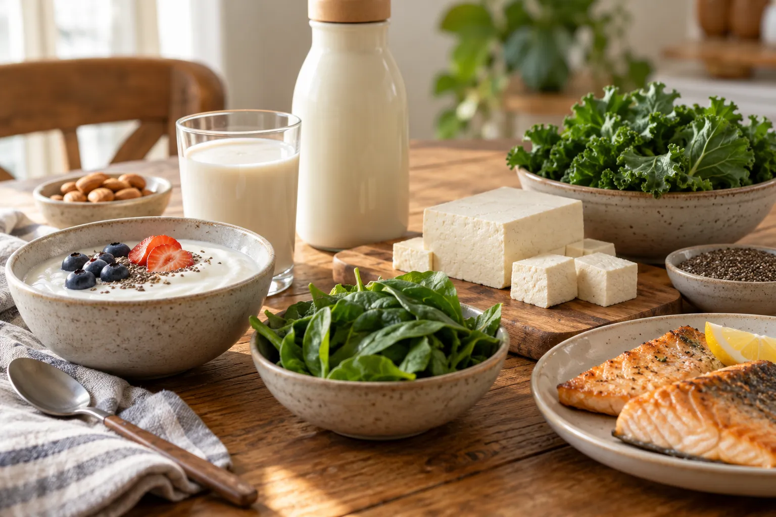 Calcium-rich foods and an unbranded supplement bottle arranged on a warm kitchen table