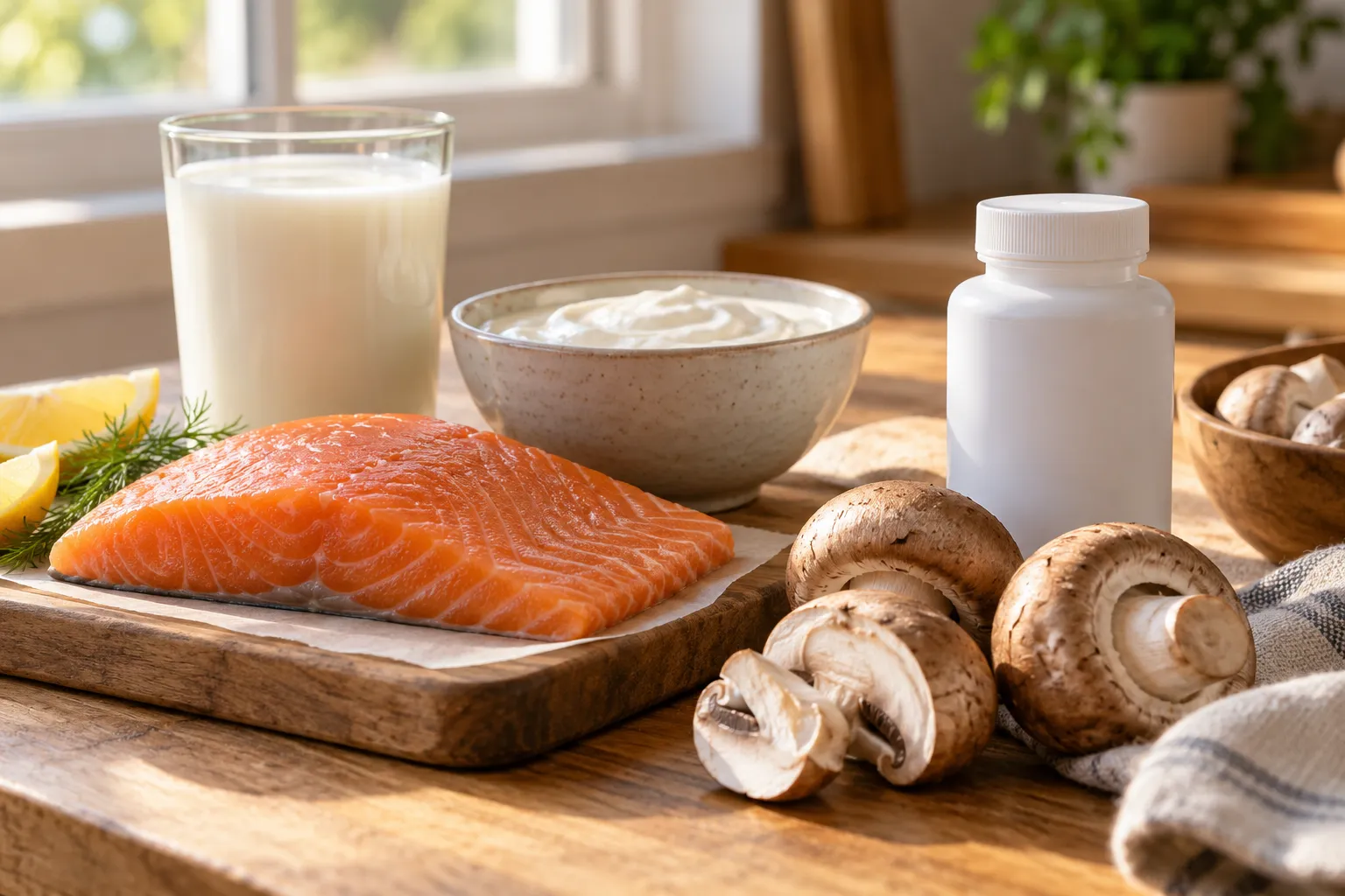 Vitamin D food sources including salmon, dairy, mushrooms and an unbranded supplement container
