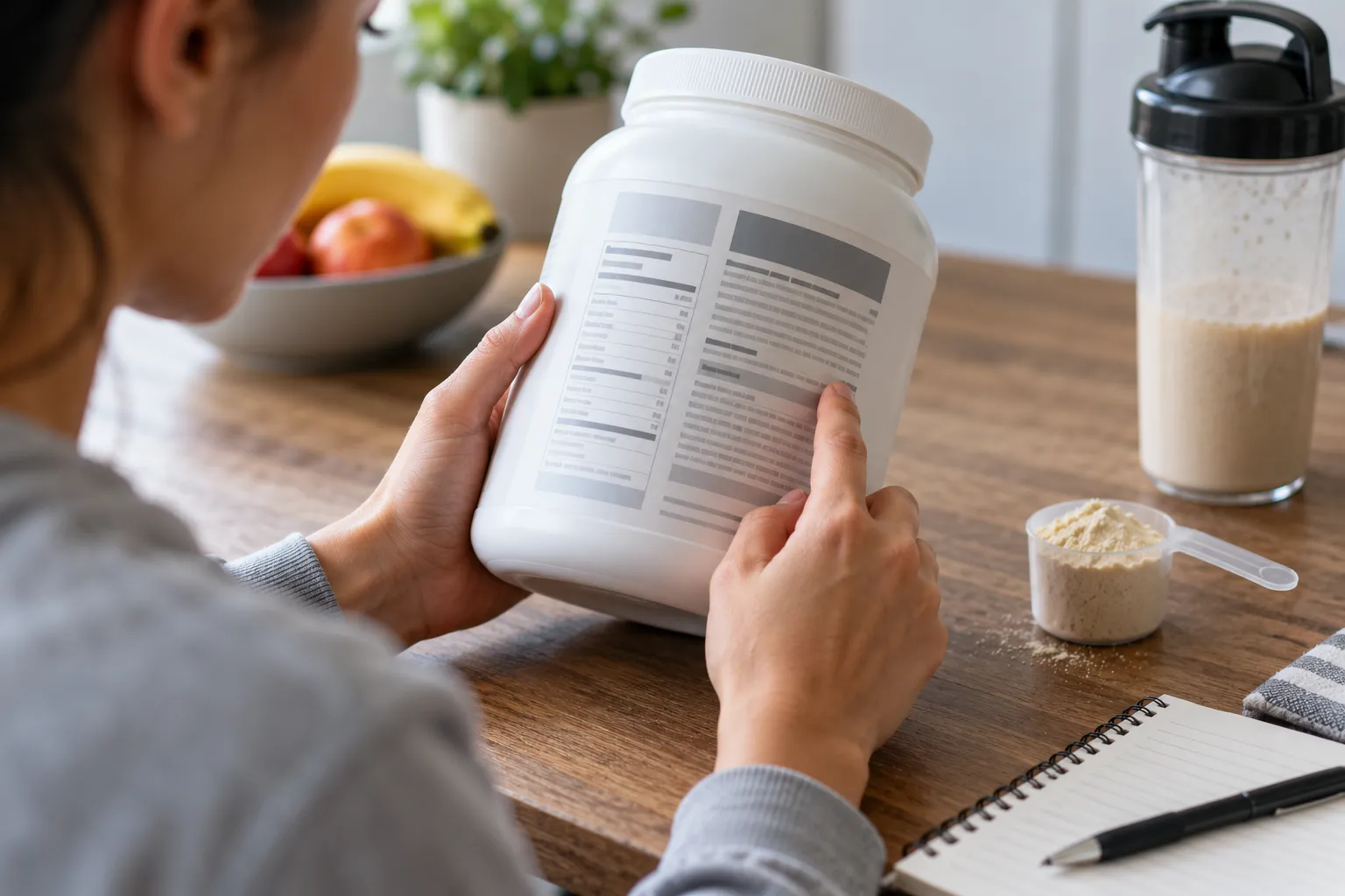 A consumer checking serving size and ingredients on an unbranded supplement container