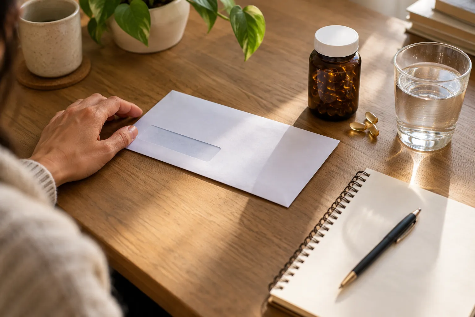 A blank lab-result envelope, notebook and neutral supplement bottle arranged on a warm desk