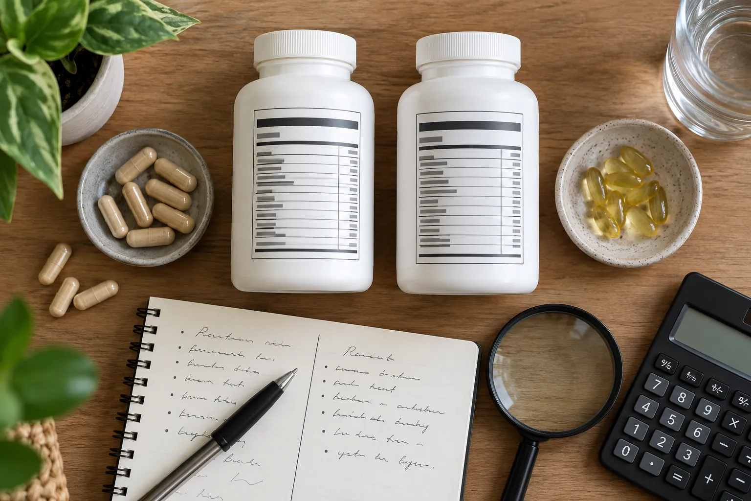 Two unbranded supplement labels compared with a calculator and ingredient notes