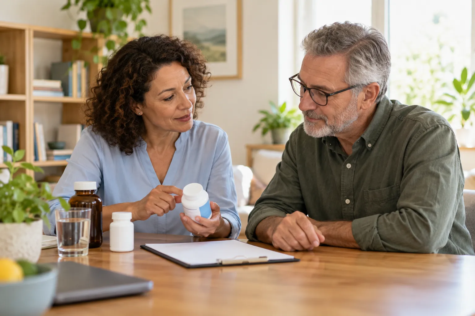 Two adults discussing bone health, medicines and a supplement decision