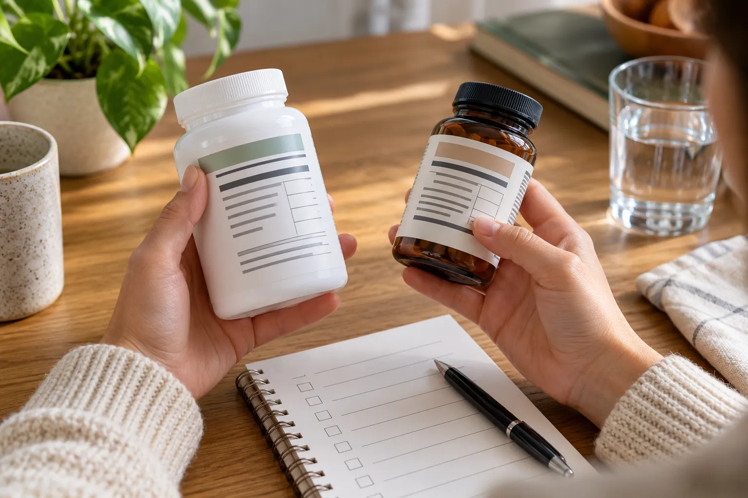 Hands comparing two unbranded magnesium labels beside a notebook and serving-size notes