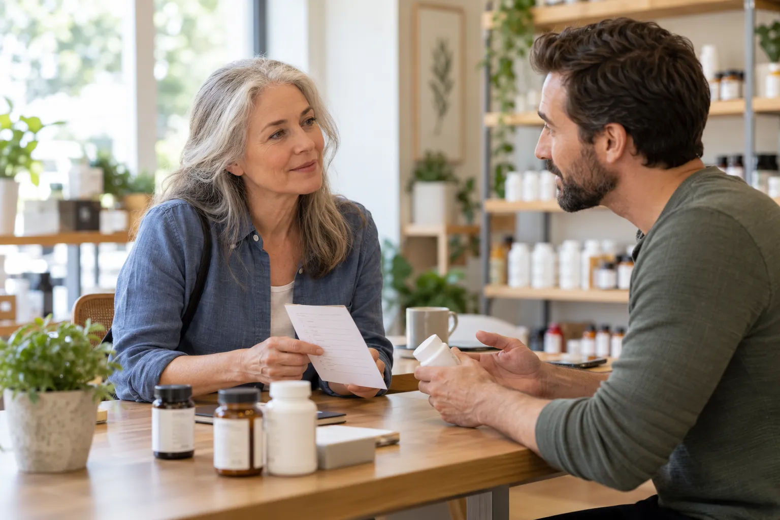 Two adults discussing a supplement and a medication list in a bright, calm consultation setting