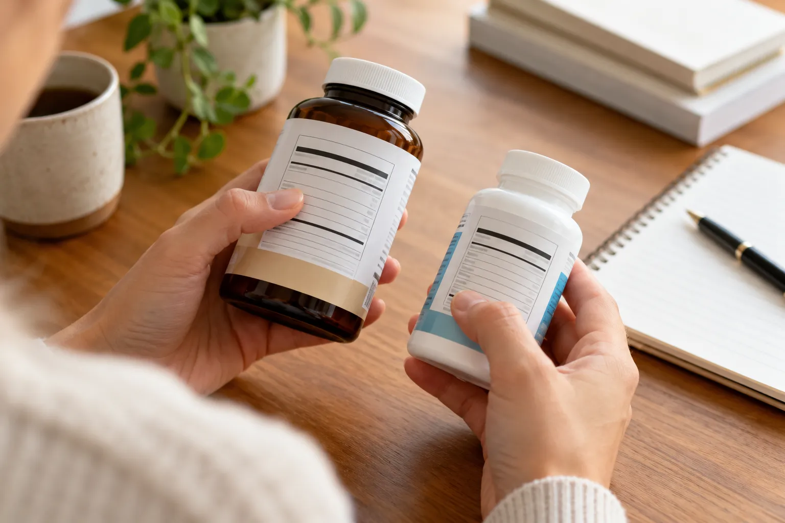 Hands comparing two unbranded supplement labels on a warm desk beside a notebook