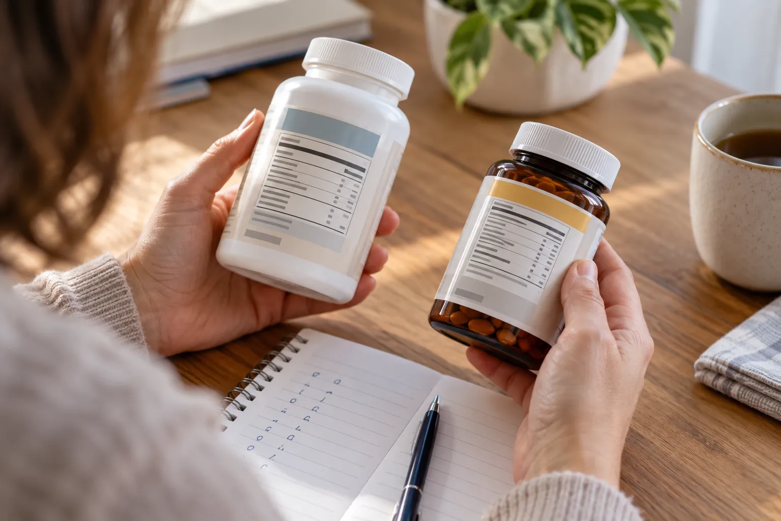 Hands comparing supplement labels and serving-size information beside a notebook