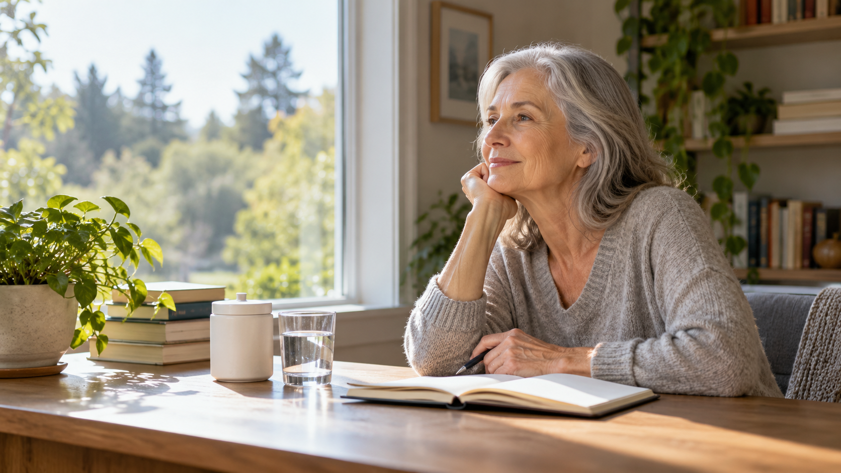 A neutral supplement container beside a notebook and a glass of water in soft natural light