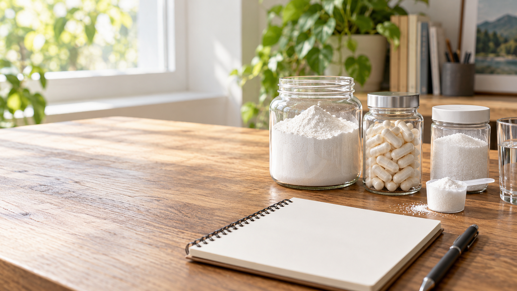 A scoop of neutral supplement powder beside a simple glass and unbranded container