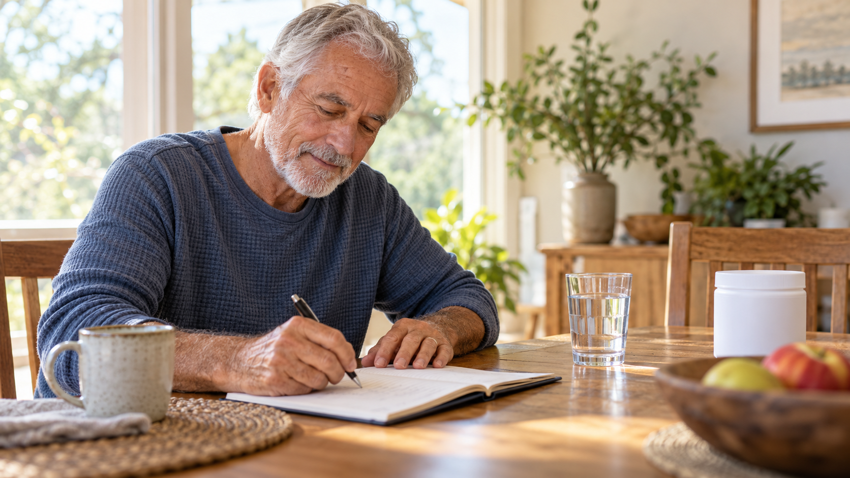 A neutral supplement container beside a notebook and a glass of water in a calm home setting