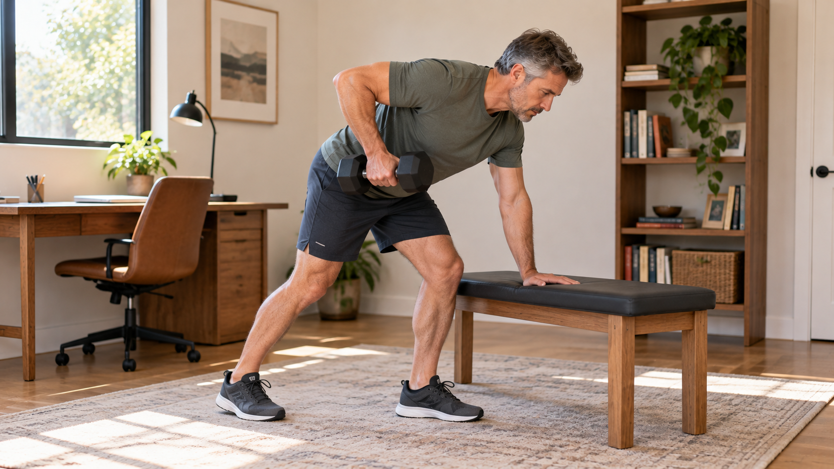 Older man doing a one-arm dumbbell row, one hand braced on a padded bench in a home office.