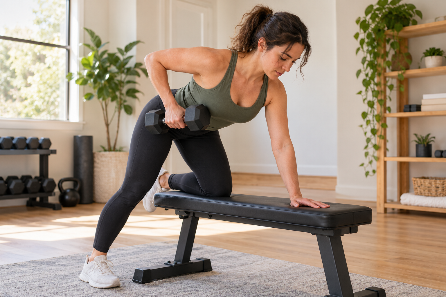 Woman performing a supported one-arm dumbbell row with a flat back in a bright home gym.