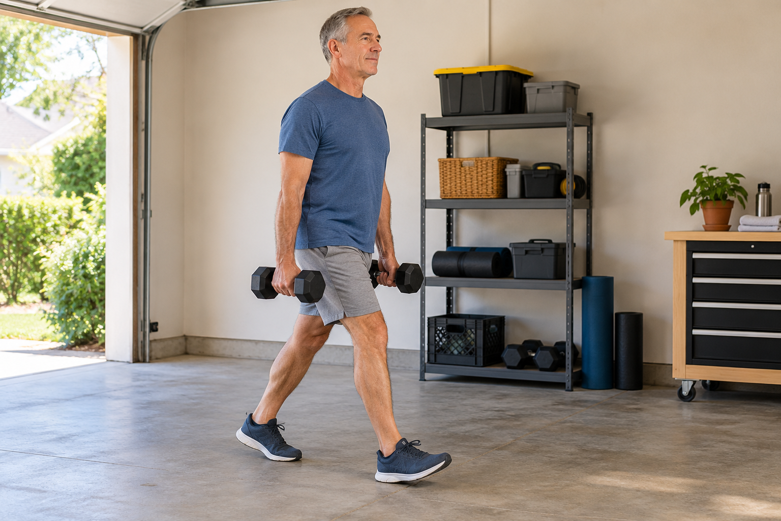 Older man walking through a bright garage carrying a dumbbell in each hand.