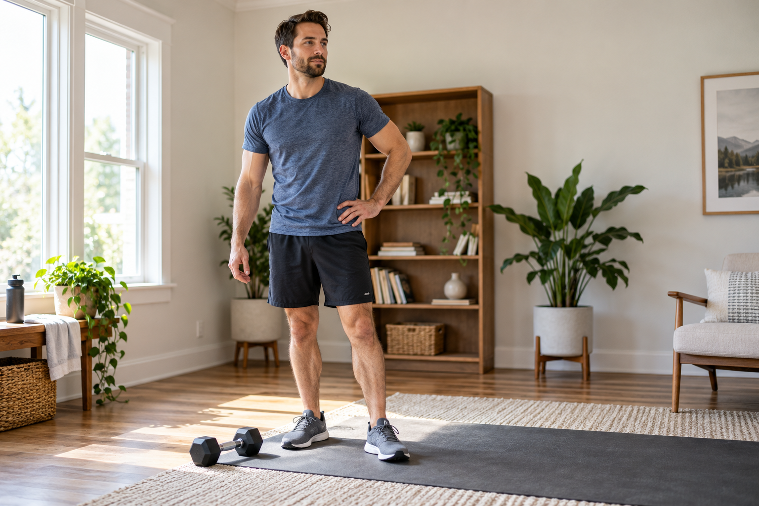 Man standing calmly after setting down a dumbbell, illustrating a safe stop when form starts to slip.