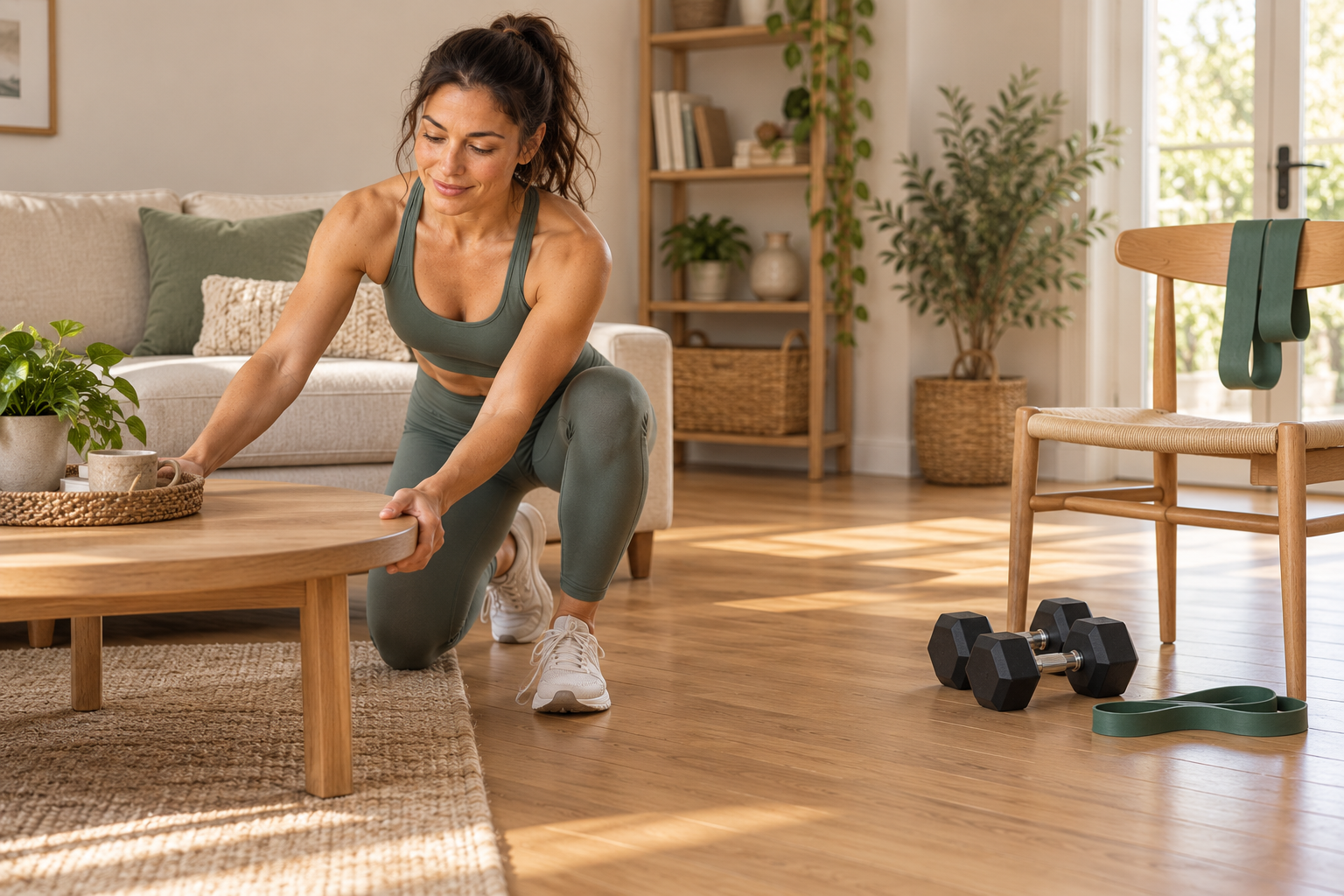 Fitness category avatar clearing a safe home-training space with a chair, resistance band and dumbbells nearby.