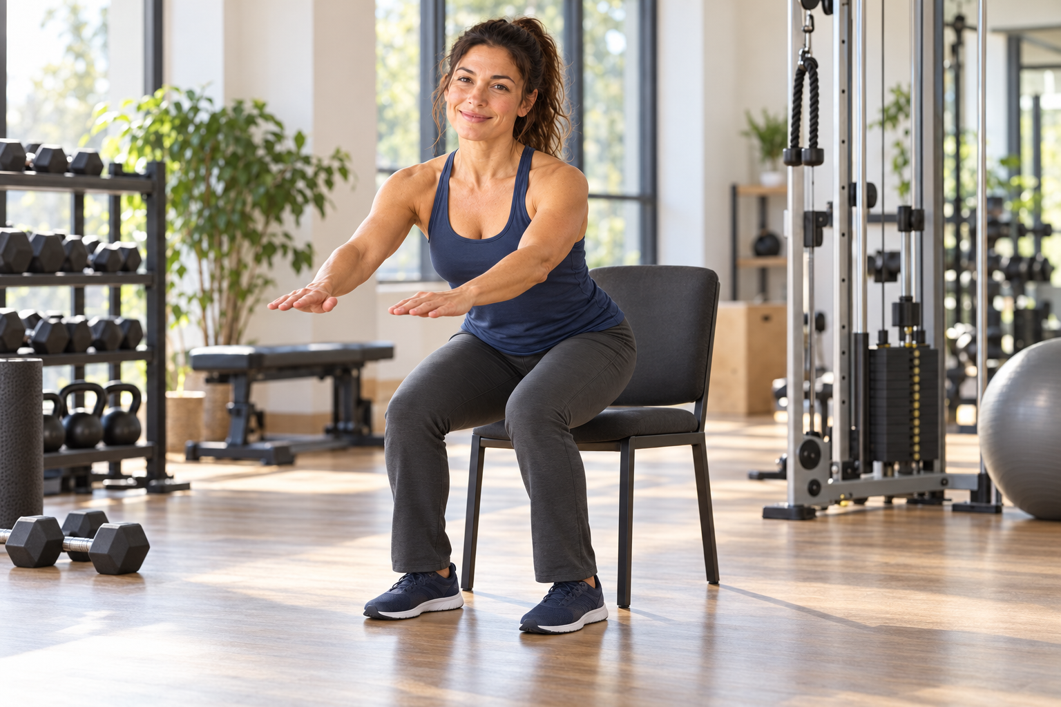Fitness category avatar practising a controlled sit-to-stand from a sturdy chair in a bright fitness studio.