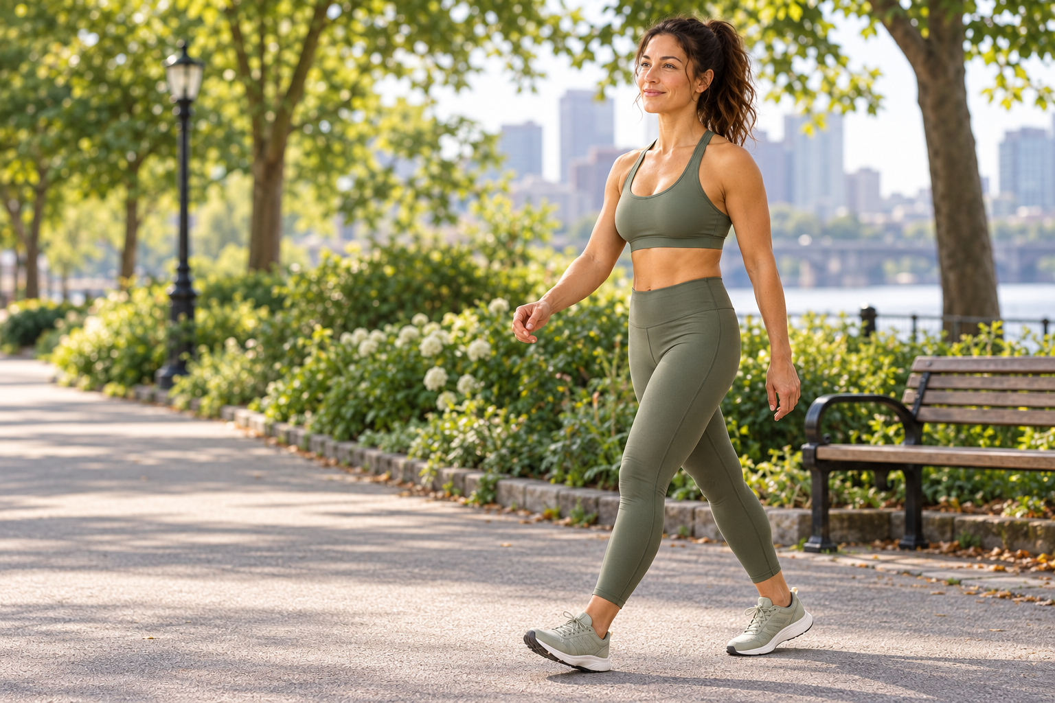 Fitness category avatar walking at an easy conversational pace on a quiet park path.