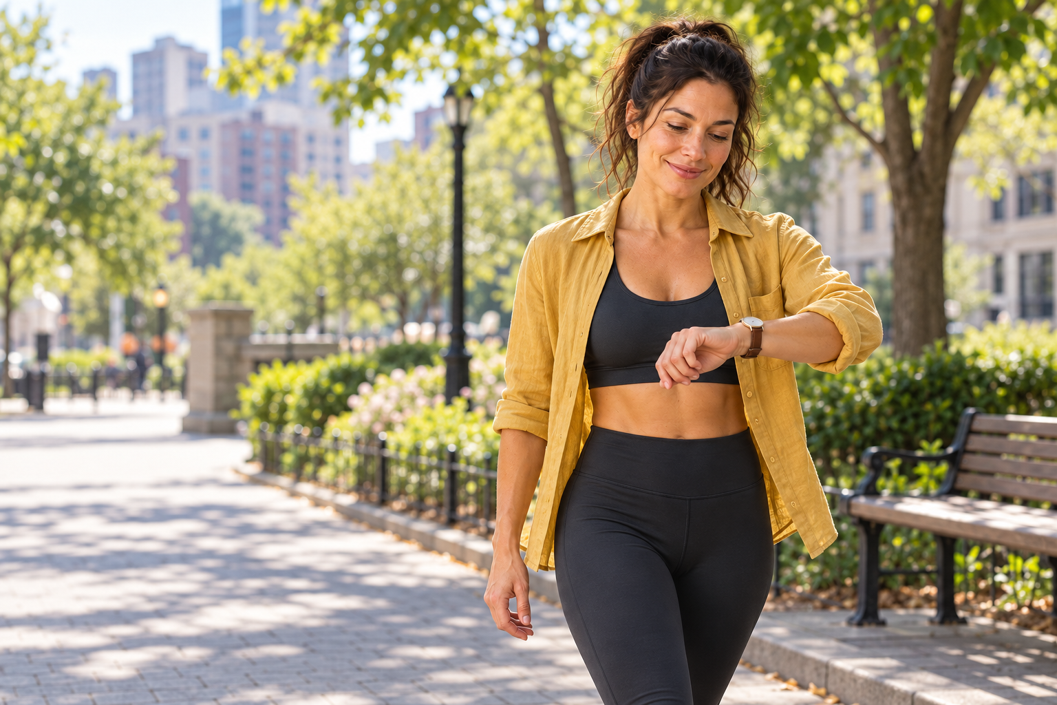 Fitness category avatar taking a relaxed lunchtime walk beside a small city park.