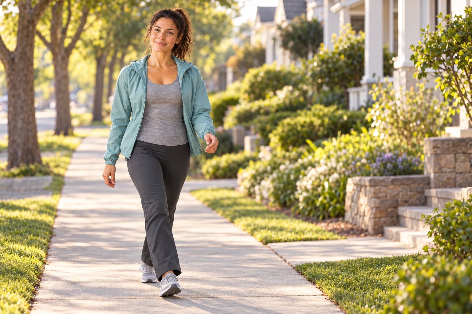 Fitness category avatar taking a purposeful but comfortable morning walk through a quiet neighborhood.