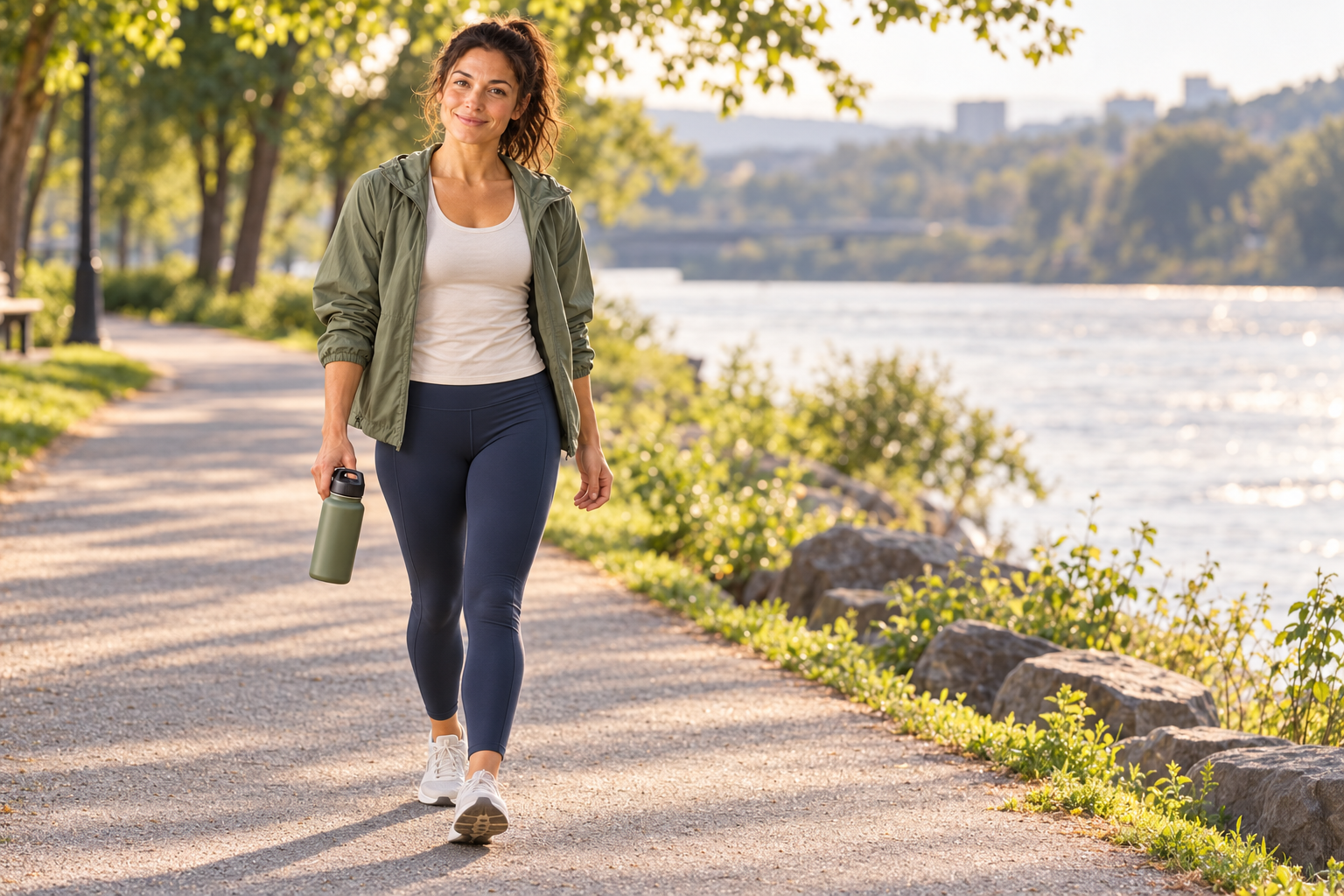 Fitness category avatar finishing an easy aerobic session with a relaxed cool-down walk beside a riverside path.