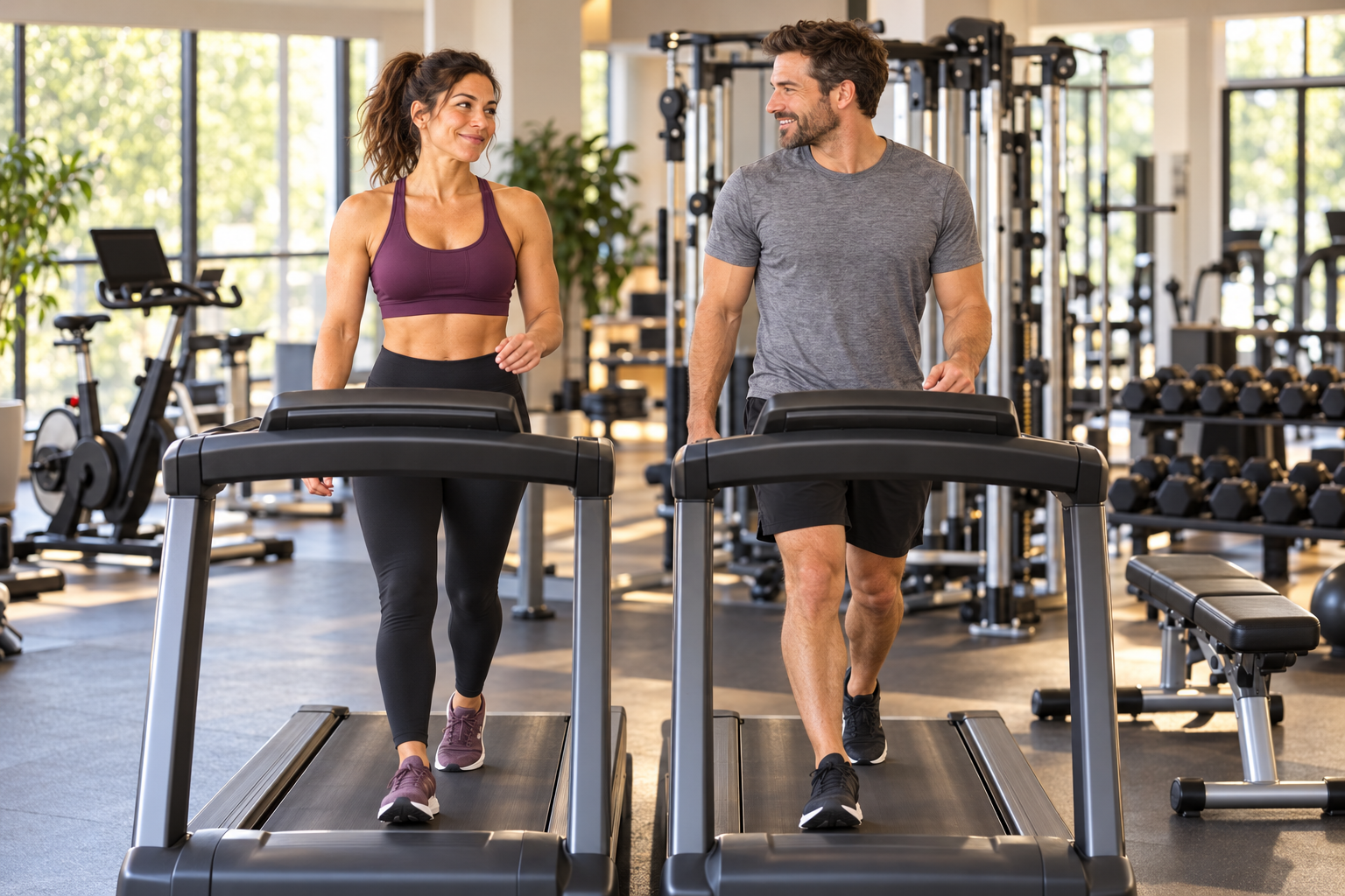 Fitness category avatar and an adult partner using adjacent treadmills in a gym with a stationary bike, cable machine and dumbbell rack in the background.
