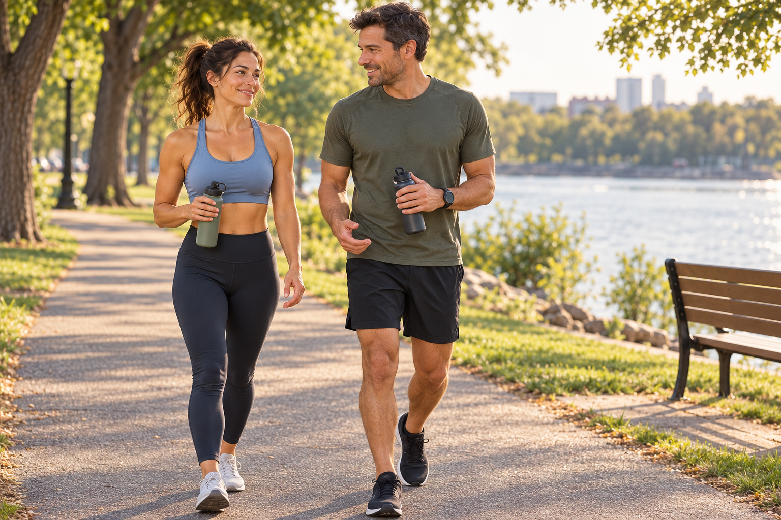 Fitness category avatar and an adult running partner walking slowly side by side after an easy session beside a riverside path.