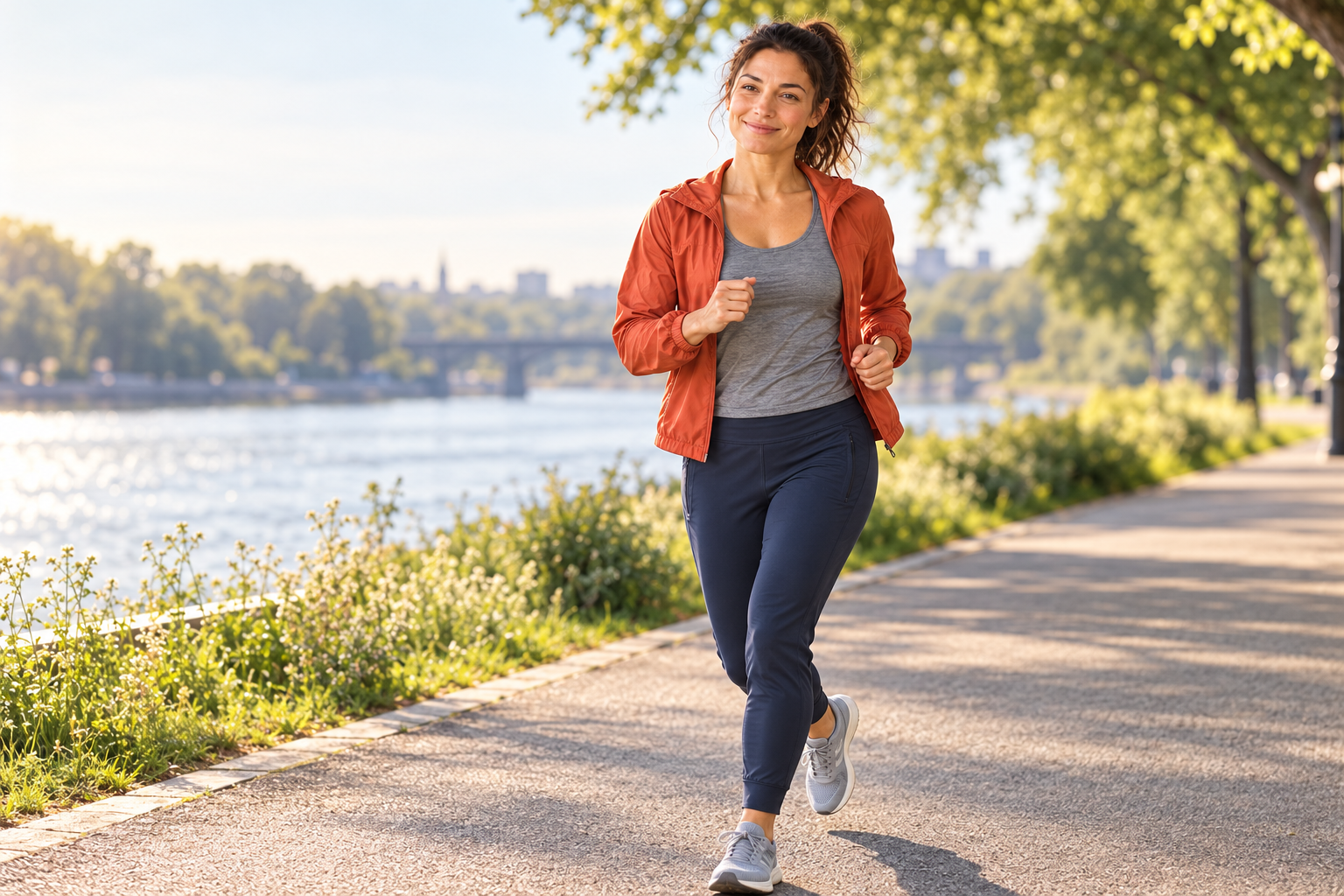 Fitness category avatar moving from walking into a gentle jog on a riverside park path.