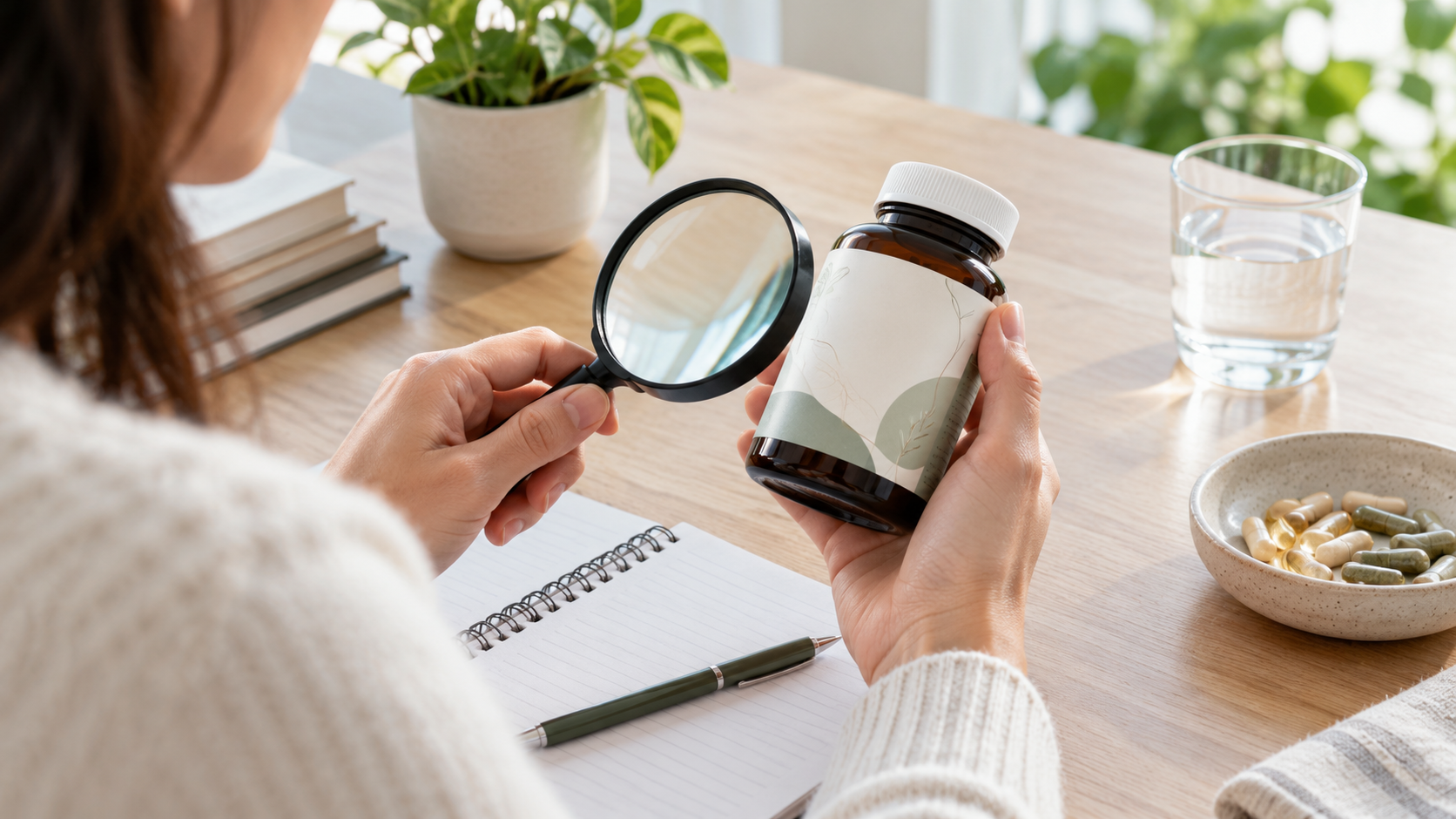 Hands checking an unbranded supplement label with a notebook and magnifying glass