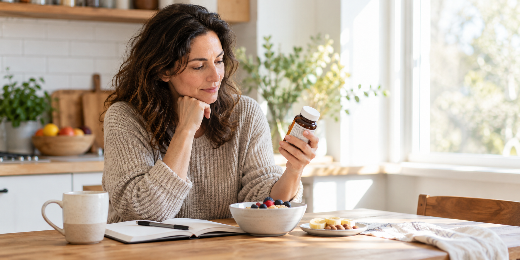 Unbranded supplement capsules beside a notebook and simple foods on a warm table